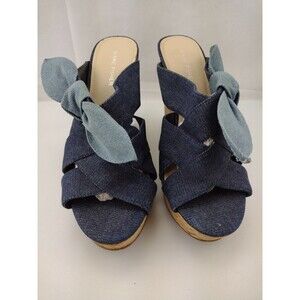 Marc Fisher Black Blue Jean Hobby Bow Cork Platform Wedge Sandal Women's size 10